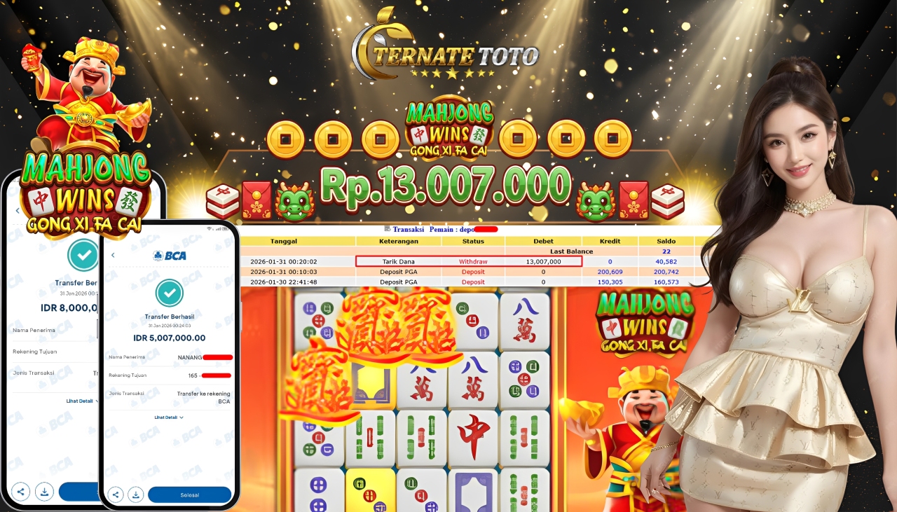 TERNATETOTO - JACKPOT MAHJONG WINS GONG XI FA CAI Rp. 13.007.000,-